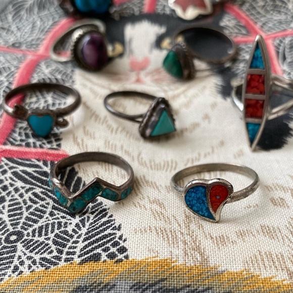 LOT of 9 Vintage Turquoise Navajo Southwestern Bohemian Rings - Picture 2 of 6